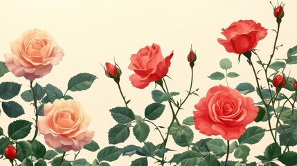 Vibrant Rose Floral Arrangement with Green Leaves on Light Background