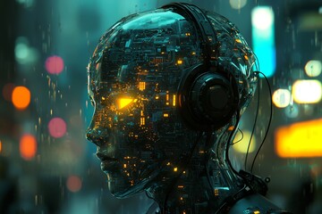 Futuristic Head with Glowing Circuits in Rainy Neon City Landscape