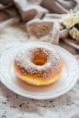 A golden glazed donut with white sesame seeds on a delicate white plate, set against a rustic, neutral background.
