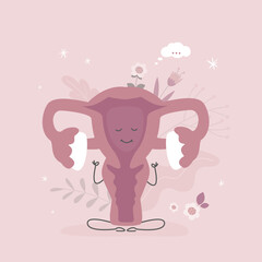 Cute happy uterus organ. Calm womb mascot sitting in yoga lotus pose. Relaxed healthy uterus during menstrual period, PMS and ovulation, menstruation control