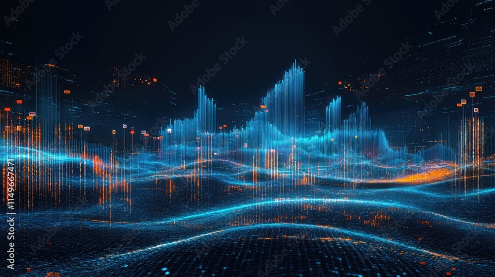 Poster abstract digital waveform visualization with bright glowing colors