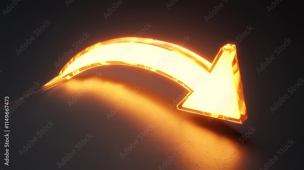 Poster bright orange arrow signifying direction with glowing effect and smooth surface