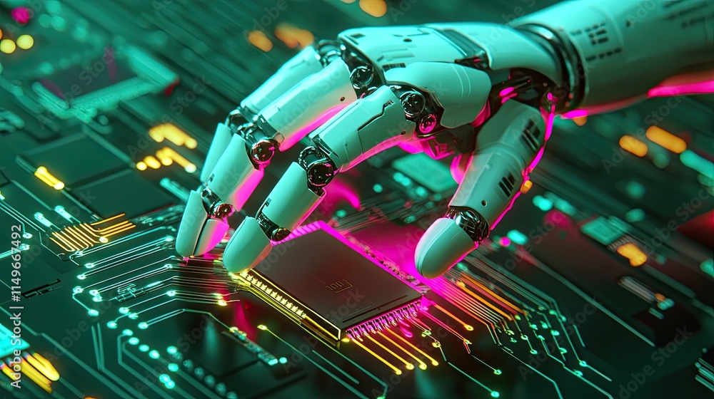 Aufkleber futuristic robotic hand interacting with computer circuit board
