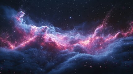 Fototapeta premium A vibrant nebula in space with pink and red hues against a dark blue background.