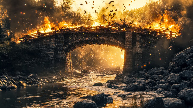 Old stone bridge exploding and burning over river at sunset