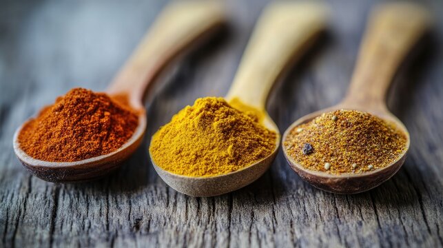 Colorful Spices in Wooden Spoons on Rustic Table Surface