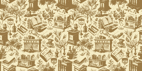 Elegant vintage pattern featuring books, vases, and botanical elements in warm tones.