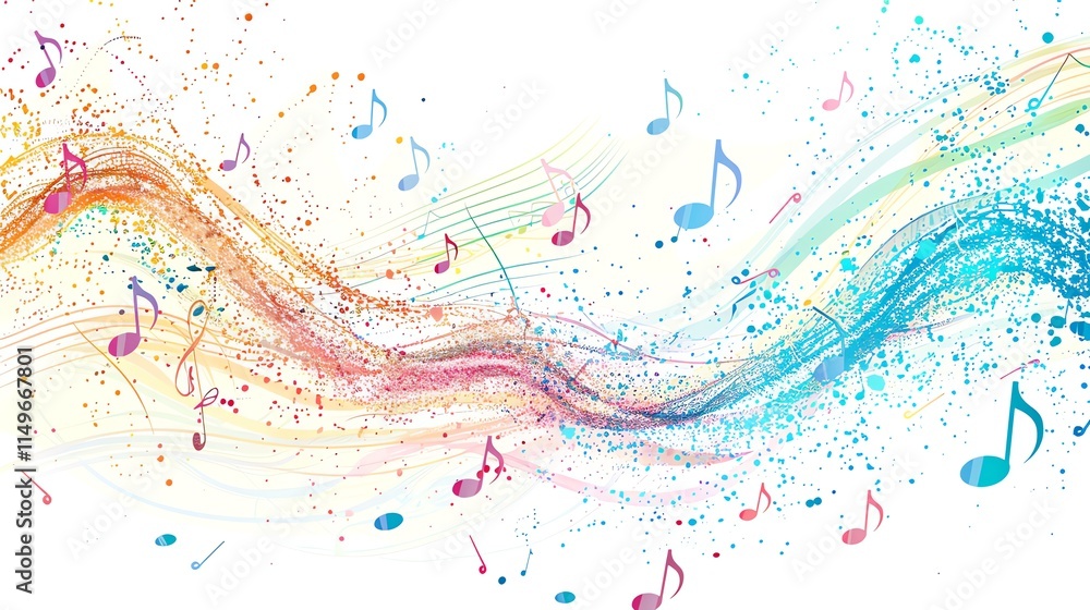 Poster an abstract musical background with colorful notes and splatters.