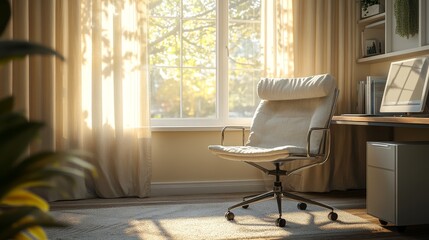Fototapeta premium A modern and elegant style comfortable and cozy office corner, close to the window, with cream colored curtains, cotton office chairs, and beige walls, creating a productive space.