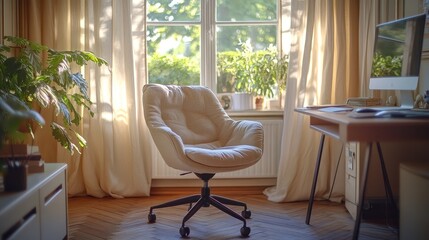 Fototapeta premium A modern and elegant style comfortable and cozy office corner, close to the window, with cream colored curtains, cotton office chairs, and beige walls, creating a productive space.