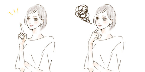 ひらめいた表情と悩む女性のイラストセット