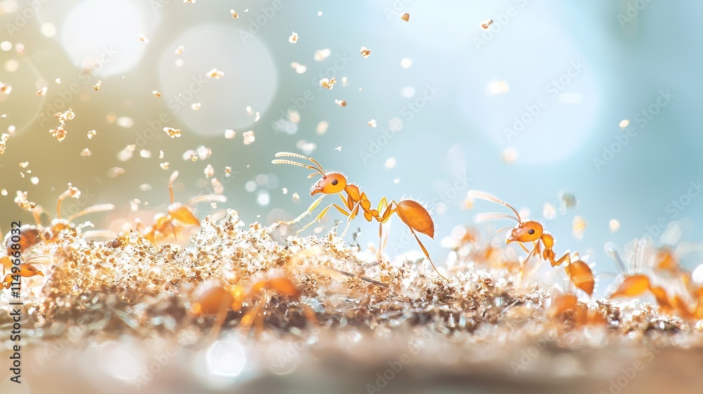 Poster close-up of ants working on a nest surrounded by dust particles in nature background during a sunny 