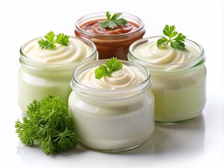 Sour Cream, Mayonnaise, Yogurt in Glass Jars - Isolated White Background Stock Photo