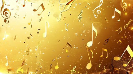 An abstract background of musical notes in gold with sparkling light.