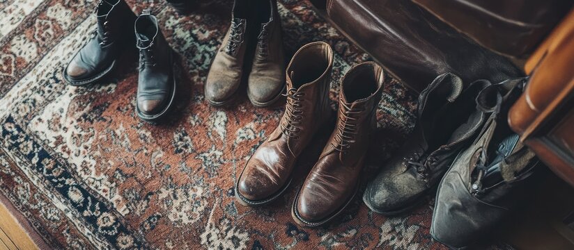 Secondhand leather boots placed on a vintage rug, surrounded by other thrifted footwear, 