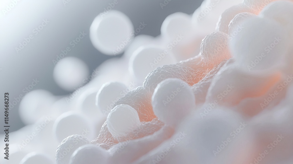 Poster close-up of abstract white cells on soft background conveying microscopic view of biological structu
