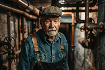 Obraz premium Experienced technician examining plumbing system in building basement