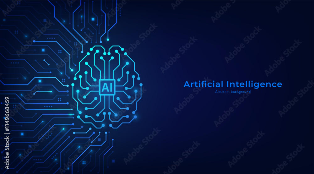 Poster Concept of Artificial intelligence. AI digital brain on the circuit motherboard. Futuristic technology background. Vector illustration for banner and web template.