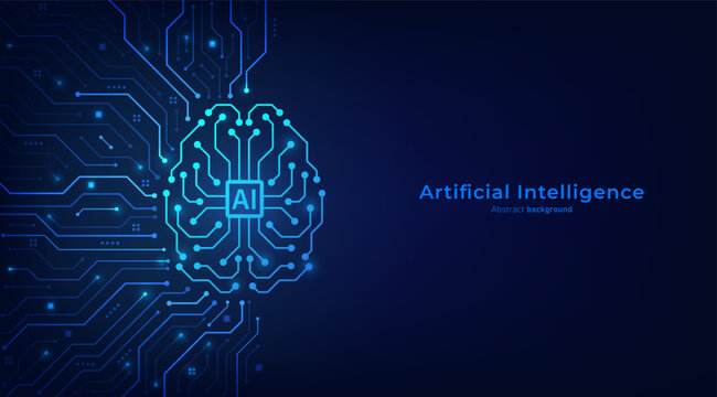 Concept of Artificial intelligence. AI digital brain on the circuit motherboard. Futuristic technology background. Vector illustration for banner and web template.