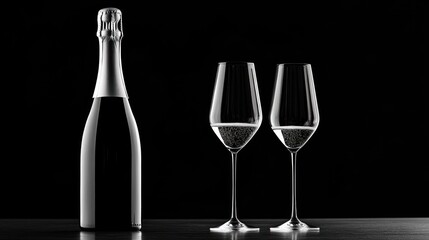 Champagne bottle and two flutes on dark background.