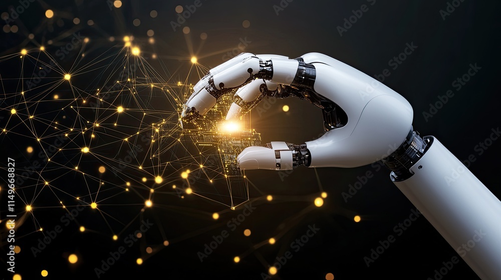 Poster robotic hand interacting with digital data connections and networks