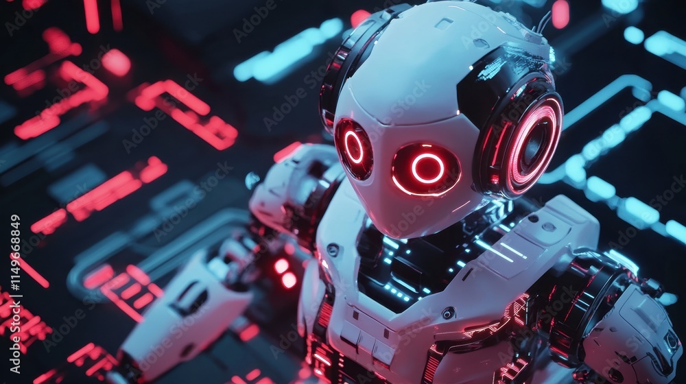 Poster futuristic robot with glowing eyes and high-tech circuitry background