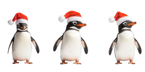 Obraz premium Three Adorable Penguins Wearing Santa Hats, on transparent background