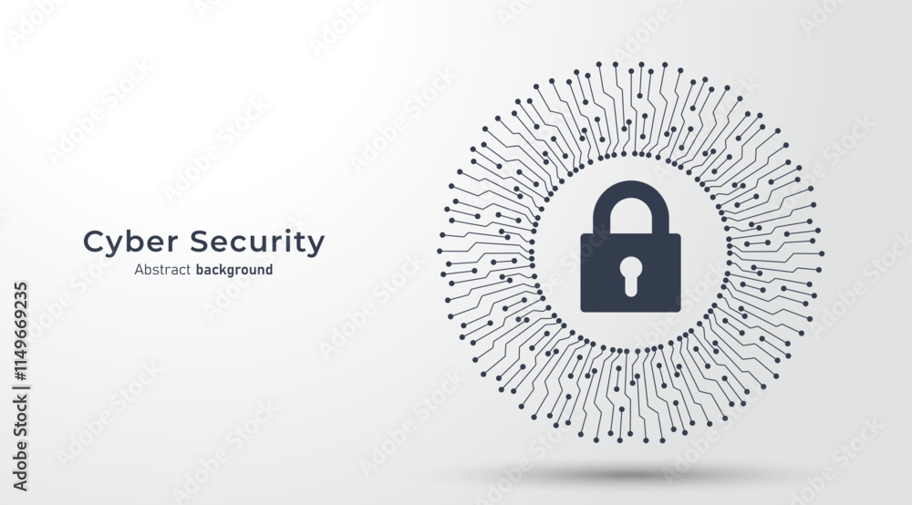 Poster Concept of cybersecurity and data protection privacy. Padlock on the circular circuit. Privacy protection innovation and Advanced safety technology. Vector illustration.