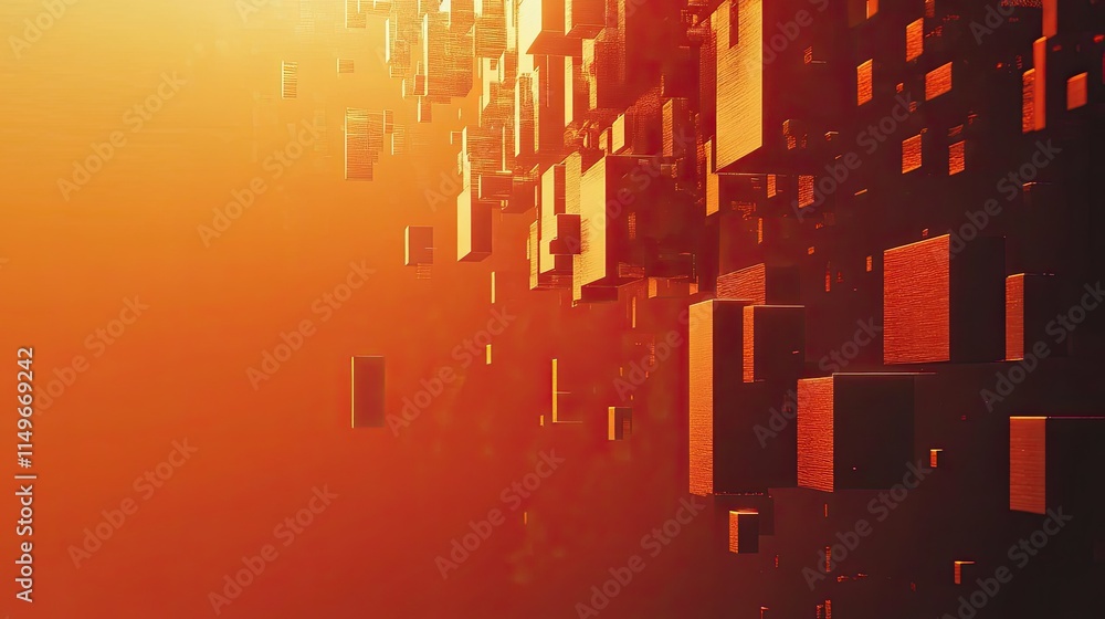 Poster abstract orange background with floating geometric blocks in space