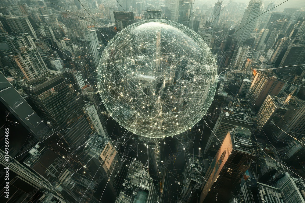 Poster a futuristic cityscape with a transparent globe representing connectivity and technology.