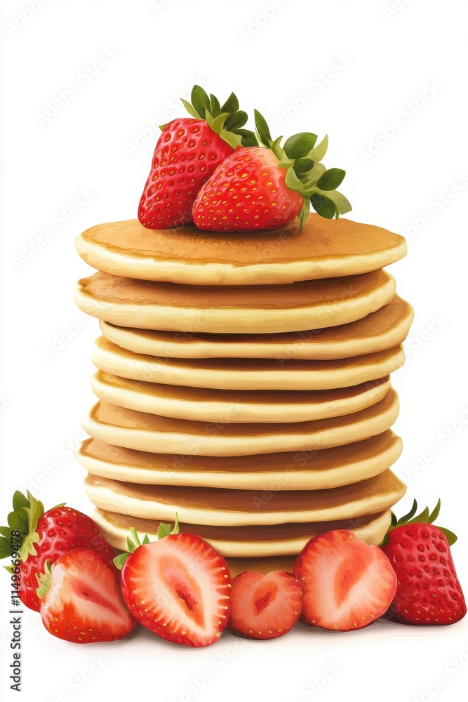 Poster a stack of fluffy pancakes topped with vibrant strawberries, creating a deliciously inviting breakfa