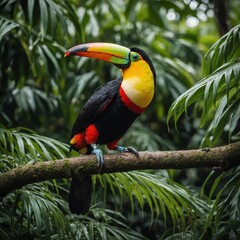 A vibrant toucan perched on a branch surrounded by lush greenery.