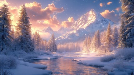 Snowy mountain river, winter sunset, tranquil scene.