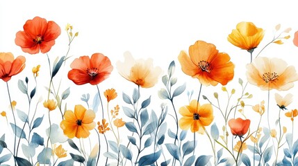 Watercolor and gouache illustration of small flowers with slender petals and long, thin leaves in a retro color scheme, arranged in a delicate pattern on a white background with a vintage feel.