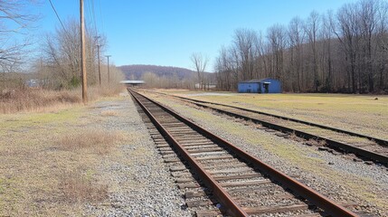 A serene view of railway tracks stretching into the horizon under a clear blue sky.
