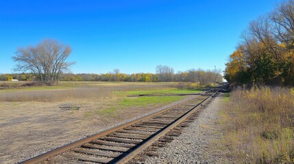 Obraz premium Scenic view of railroad tracks stretching through a vibrant autumn landscape, featuring blue skies and colorful foliage.