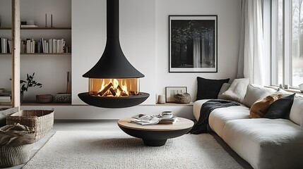 Modern living room with a suspended fireplace,  comfortable sofa, coffee table, and natural decor.