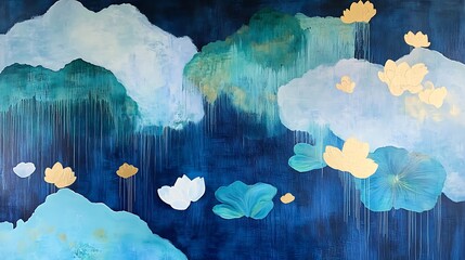 Beautiful Watercolor Background with Green and Gold Stripes and Floral Elements