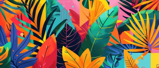Tropical Burst: An abstract illustration featuring lush jungle leaves in vibrant hues, intertwined with colorful geometric shapes and patterns against a bright summer background