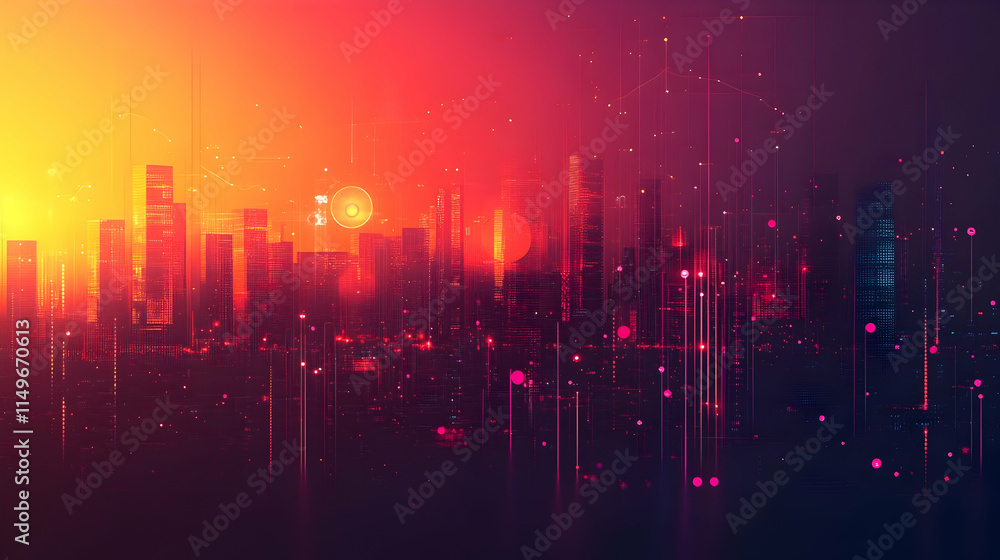 Poster a vibrant digital cityscape with glowing elements and abstract patterns.
