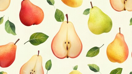 Obraz premium Colorful Hand-Drawn Pears with Green Leaves on Cream Background