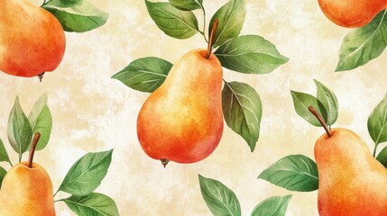 Vibrant Watercolor Illustration of Pears and Green Leaves Design