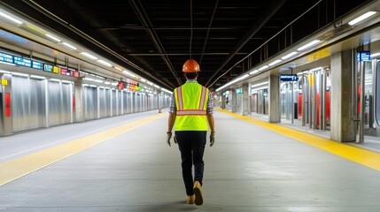 A male construction worker in a safety vest walks down an empty subway platform, showcasing his dedication and attention to safety.