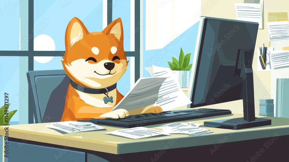 Poster Happy Shiba Inu Working at Desk with Computer and Papers in Bright Office Setting