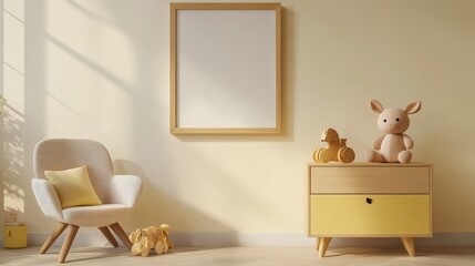 Realistic wooden photo frame simulation of an empty space, hanging on a beige wall, ideal for decorating children's bedrooms, modern medieval style rooms, product shooting, simple background
