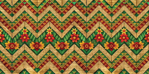 Colorful floral zigzag pattern featuring vibrant flowers and earthy tones.