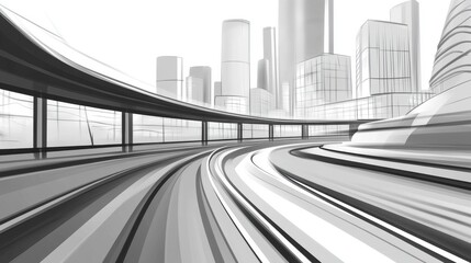 Fototapeta premium A dynamic black and white abstract illustration of a futuristic cityscape seen from a curving train perspective.