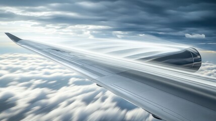 A sleek aircraft wing cutting through clouds, showcasing aerodynamic design and modern technology against a dramatic sky.