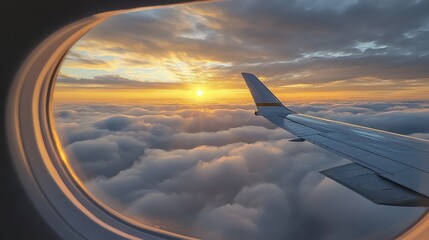 A serene sunrise viewed from an airplane window, showcasing clouds and the aircraft wing silhouetted against the golden horizon.