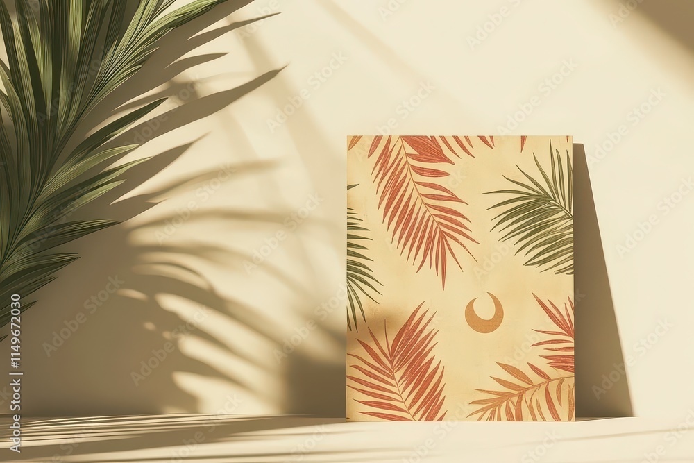 Poster a patterned notebook surrounded by palm leaves casting shadows on a light background.
